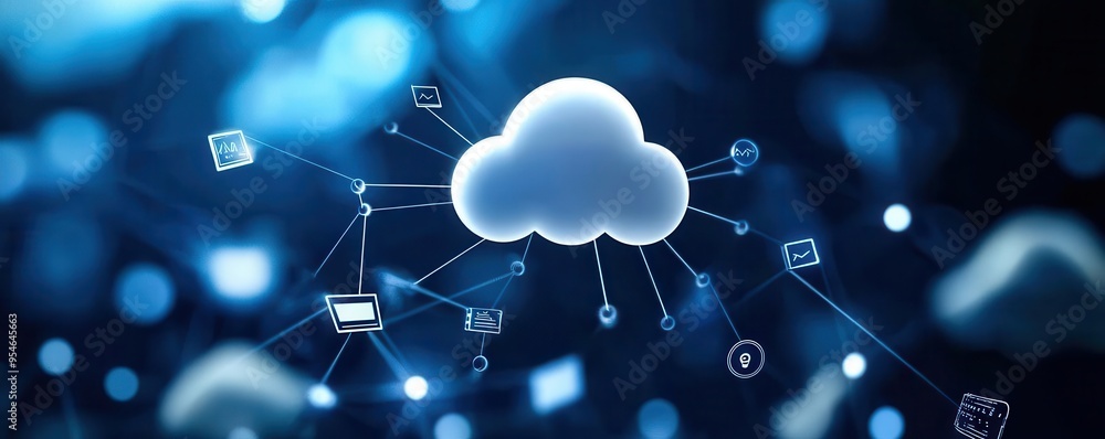 Poster illustration of cloud computing technology with connected devices, showcasing digital data transfer 