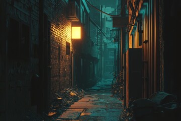 Exploring a narrow urban alleyway with misty, soft lighting. Cozy vibe, Generative AI