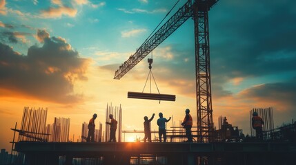 Fototapeta premium Construction Workers Silhouettes at Sunset