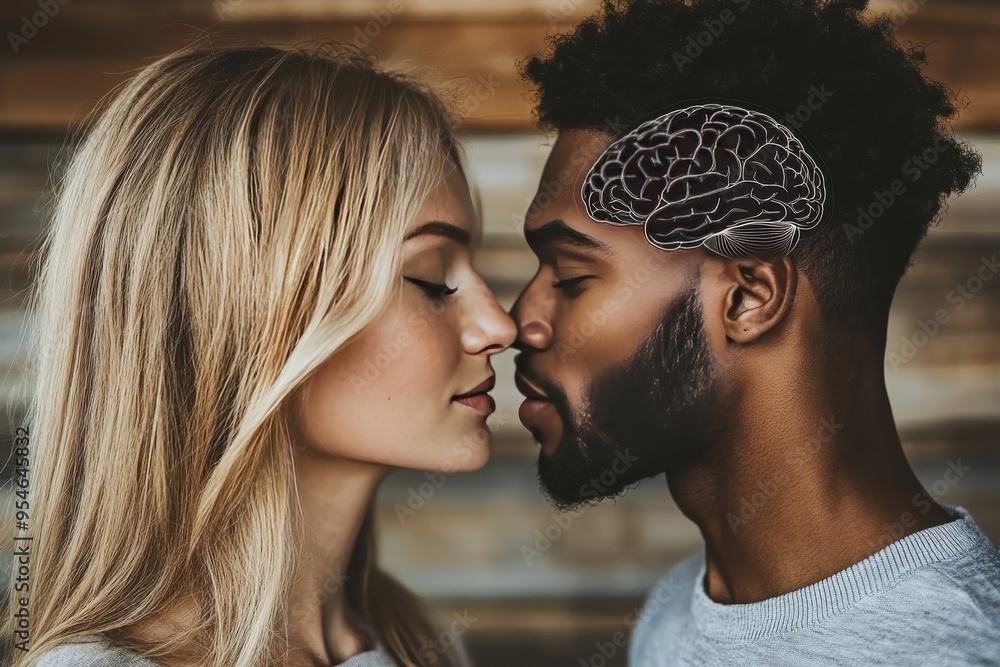 Poster flexible brain to brain a contemplative couple with interconnected brain imagery symbolizing the dee