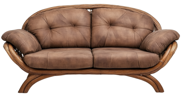 Stylish brown leather sofa with plush cushions, perfect for living rooms or cozy spaces, blending comfort with modern design.