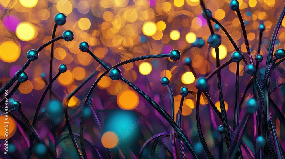 Poster Abstract composition of vibrant colors with glowing spheres and dynamic lines. Perfect for modern design themes and backgrounds.