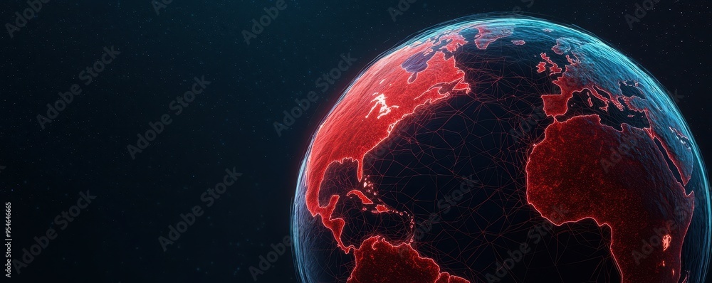 Poster a 3d rendering of earth with a futuristic network overlay, showcasing interconnected paths and vibra