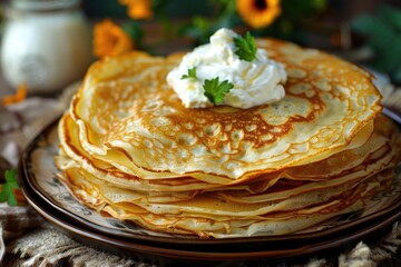 Delicious Stack of Homemade Pancakes with Whipped Cream in Rustic Kitchen Setting