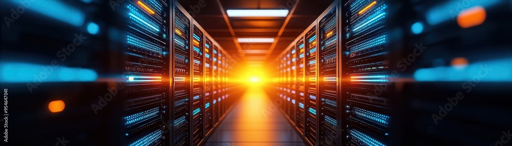 Poster a dramatic view inside a modern data center, showcasing illuminated servers and a vibrant light effe