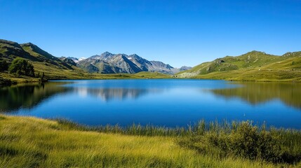 Tranquil Mountain Landscape with Calm Lake: Showcases a serene mountain landscape with a calm lake reflecting the surrounding beauty under a clear blue sky.