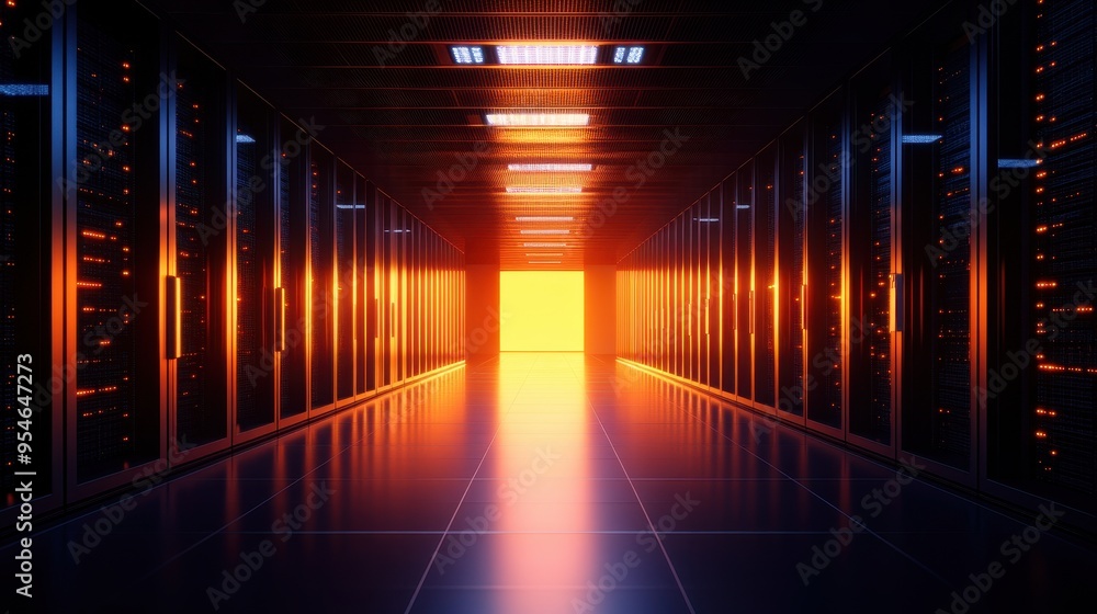 Poster a futuristic data center hallway illuminated by warm light, showcasing rows of server racks and a gl
