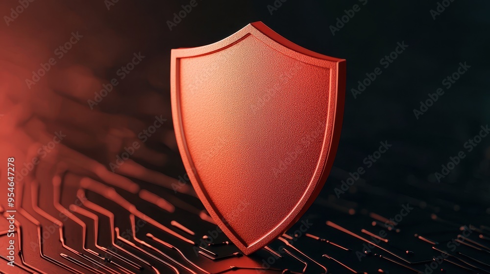 Poster a futuristic red shield symbolizes protection and security in a digital landscape filled with circui