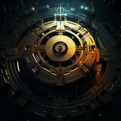 Naklejka premium Cosmic Timepiece: An intricate, golden mechanism shimmers in the depths of space, its intricate design hinting at advanced technology and the mysteries of the cosmos. 
