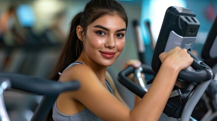 Fototapeta premium Woman Exercising on Stationary Bike at the Gym