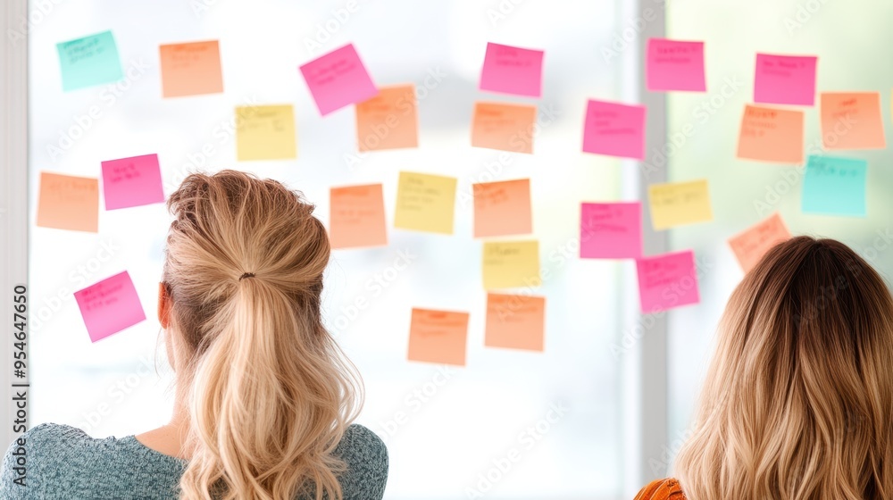 Poster a group using sticky notes to visualize a project workflow on a whiteboard, creating a clear roadmap