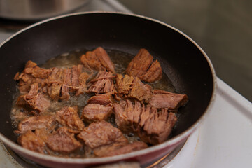 Tender pieces of braised beef warm gently in a skillet, their rich aroma filling the air, evoking comfort and home-cooked meals. A perfect dish for cozy gatherings