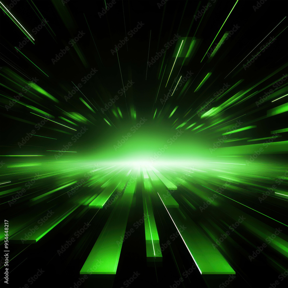 Poster green speed lines: abstract green speed lines radiate from a central point of light, creating an ene