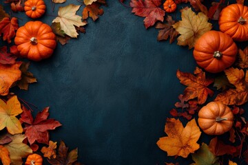 Autumn and thanksgiving decoration concept made from autumn leaves and pumpkin on dark background. Flat lay, top view with copy space with generative ai