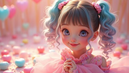 Fototapeta premium a doll with big blue eyes and a pink dress on a pink background.