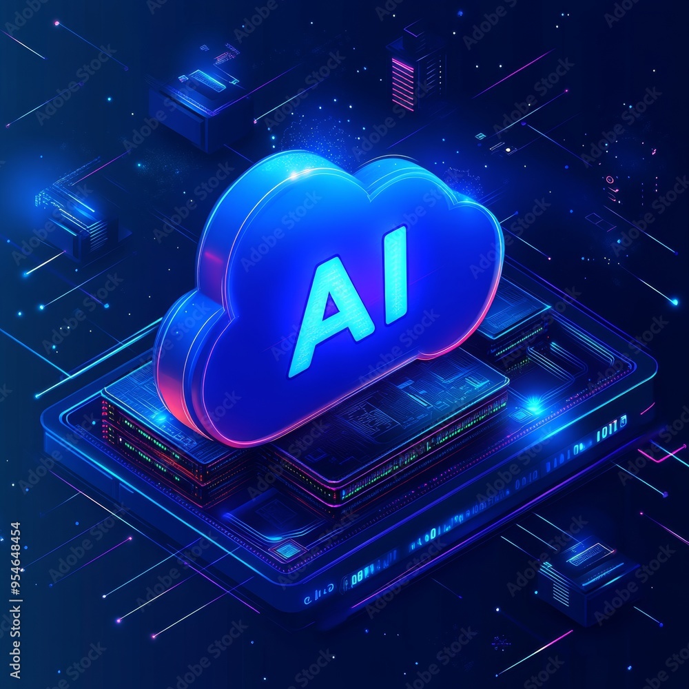 Poster artificial intelligence, ai cloud computing symbol on chip, circuit board. 3d render illustration.