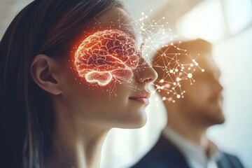 Experimental Social brain Businesswoman with a glowing brain in a professional setting symbolizing the integration of intellect creativity and strategic thinking in the modern workplace