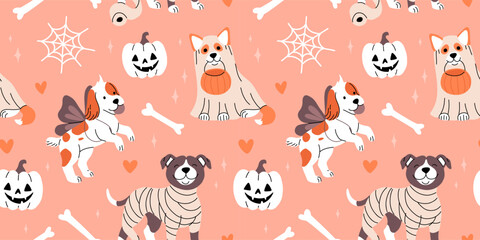 Adorable dogs in Halloween costumes with bones, big spider web and jack o lantern pumpkin. Flat cartoon seamless pattern with cute dogs.