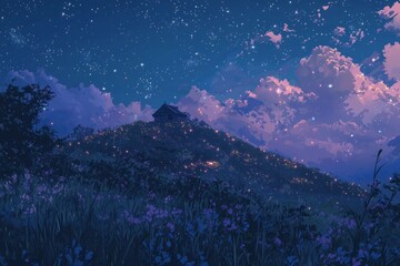 Naklejka premium A cozy hilltop with a blanket of stars and a soft, gentle night breeze. Cozy vibe, Generative AI