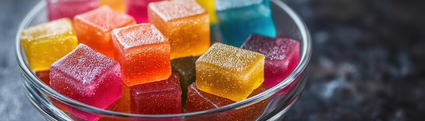 Colorful rainbow jelly cubes in a glass bowl, Jelly dessert, vibrant and fun