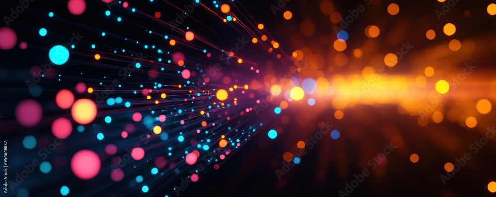 Poster a vibrant abstract image featuring colorful glowing particles in motion, ideal for backgrounds and d