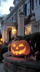 Obraz premium Zucche intagliate, come decoraZIone di Halloween nel giardino di casa o sulla finestra.