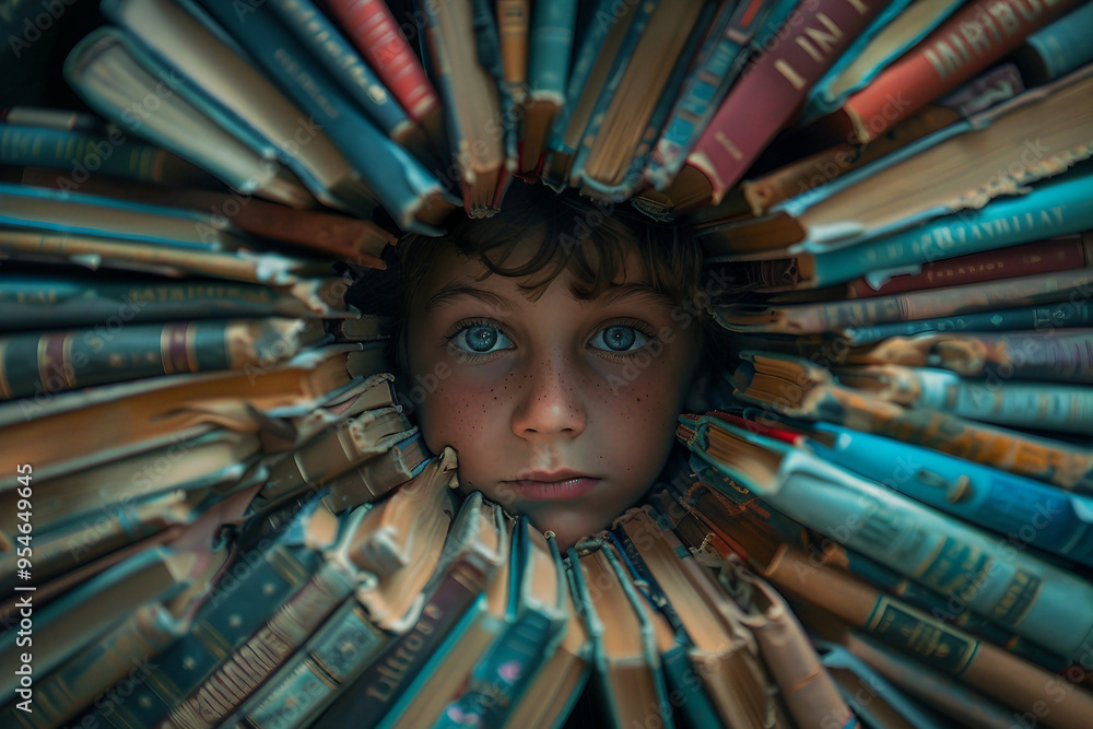 Poster generative ai picture of a charming clever smart boy surrounded by a pile stack books