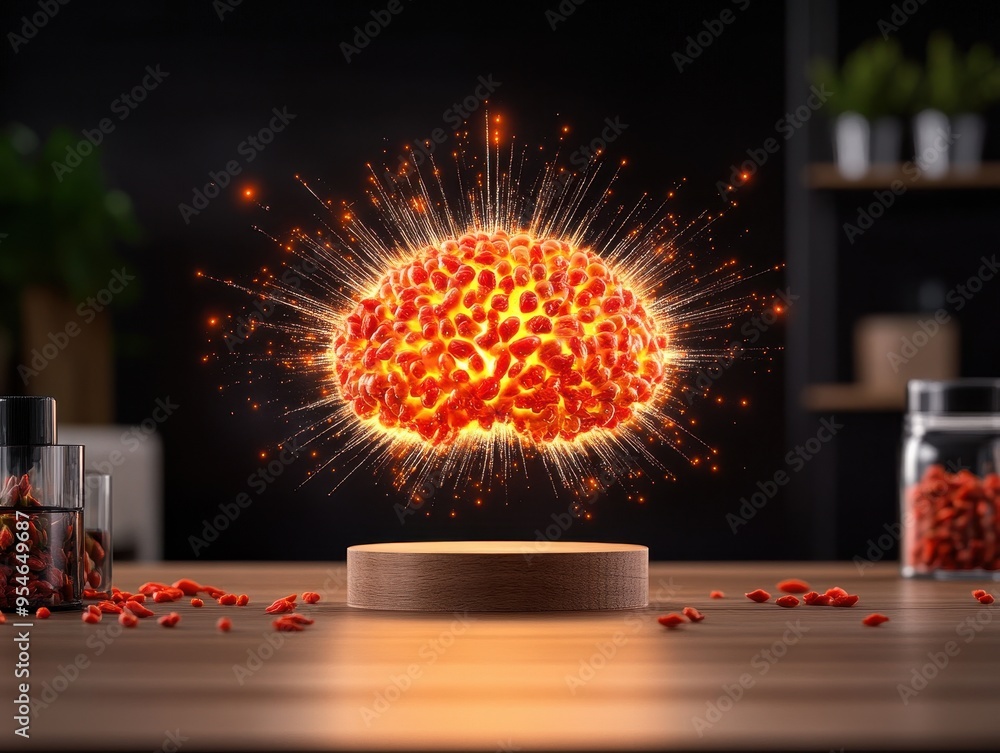 Poster A vibrant explosion of energy represented as a glowing brain, symbolizing creativity and innovation in a modern setting.