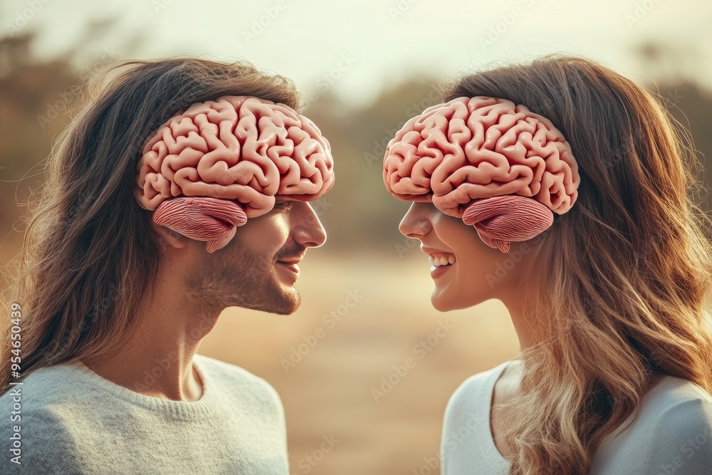 Poster critical social brain couple with exposed brains glowing warmly representing the shared intellectual