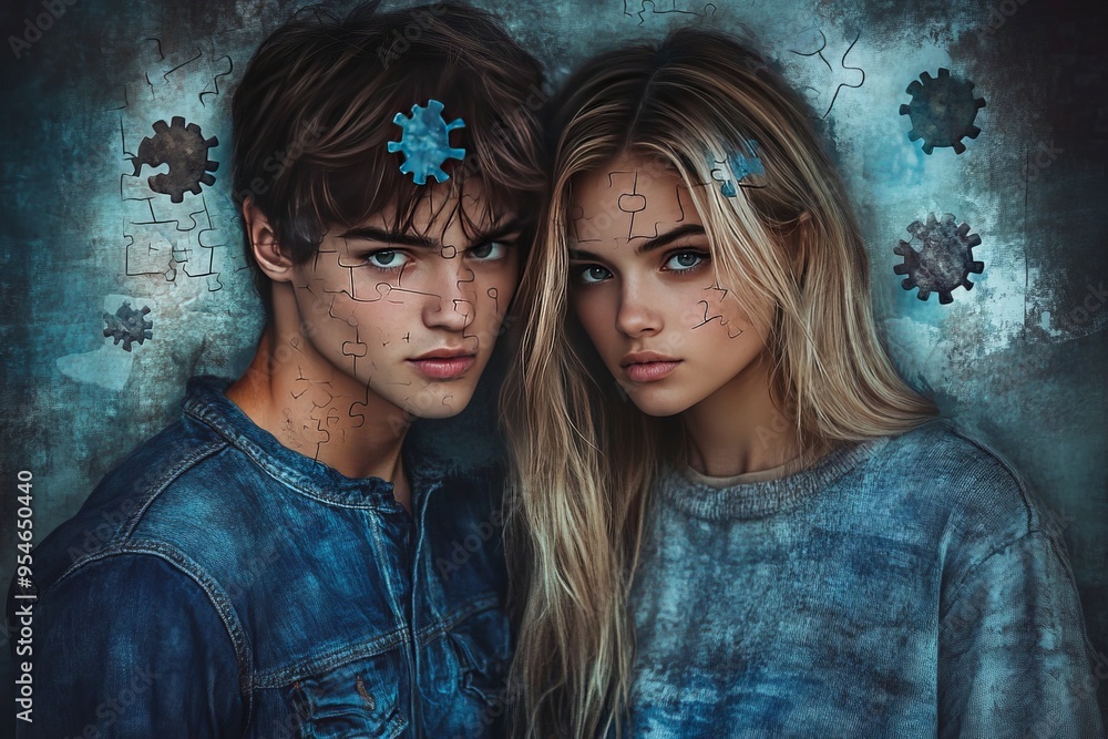 Poster evaluative social brain siblings with neural gears symbolizing the intricate connections and shared 