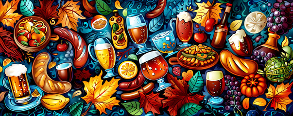 A colorful and artistic image of a fall table with various foods and drinks