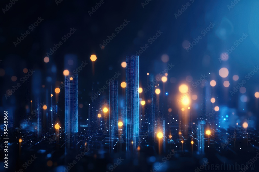 Poster an abstract digital landscape featuring glowing lights and vertical structures, creating a futuristi