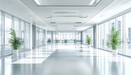 Modern Office Corridor with Floor-to-Ceiling Windows and Plants