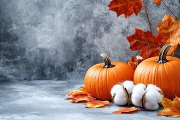 Autumn Banner: Pumpkins, Cotton, and Maple Leaves on Table - Seasonal background. Autumn, fall, Thanksgiving concept, copy-space with generative ai