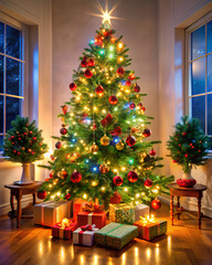 Christmas tree decorated with a garland with a lot of small multicolored lights, there are gifts at the bottom, against the background of living room