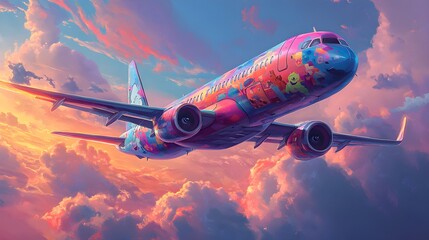 Vibrant airplane soaring through the sky, with animals peeking out of every window, smiling and waving, surrounded by fluffy clouds