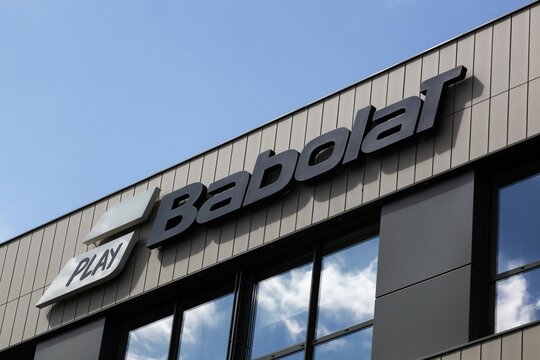 Lyon, France - September 6, 2020: Babolat logo on a building. Babolat is a French tennis, badminton, and padel equipment company, headquartered in Lyon best known for its strings and tennis racquets 