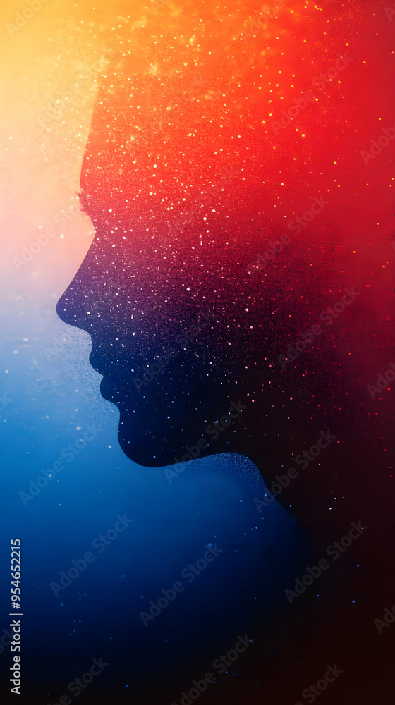 Poster Abstract silhouette of a head with a red and blue sparkly background.