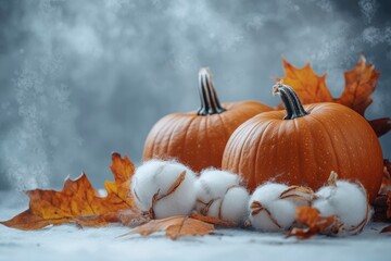 Autumn Banner: Pumpkins, Cotton, and Maple Leaves on Table - Seasonal background. Autumn, fall, Thanksgiving concept, copy-space with generative ai