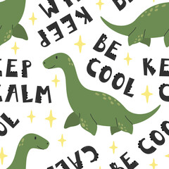 Cute vector childish seamless pattern with plesiosaur