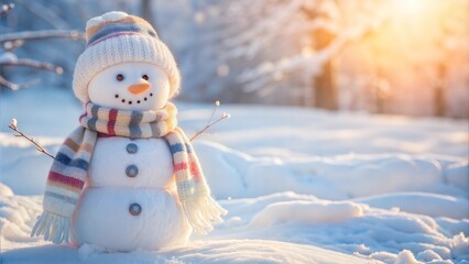 Obraz premium Merry Christmas snowman on a snowy field in a colorful hat and scarf for winter projects,holiday cards,calendars and children's books.Christmas holiday card
