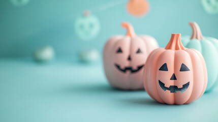 Fototapeta premium Jack o lantern pumpkin for Halloween, bright and pastel decoration. Pumpkins thanksgiving decor in light and elegant colors. Seasonal background with autumn design.