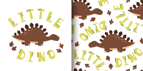 Cute vector childish poster and seamless pattern with stegosaurus © Naiadin