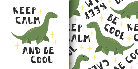 Cute vector childish poster and seamless pattern with plesiosaur