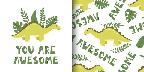Obraz premium Cute vector childish poster and seamless pattern with dinosaur