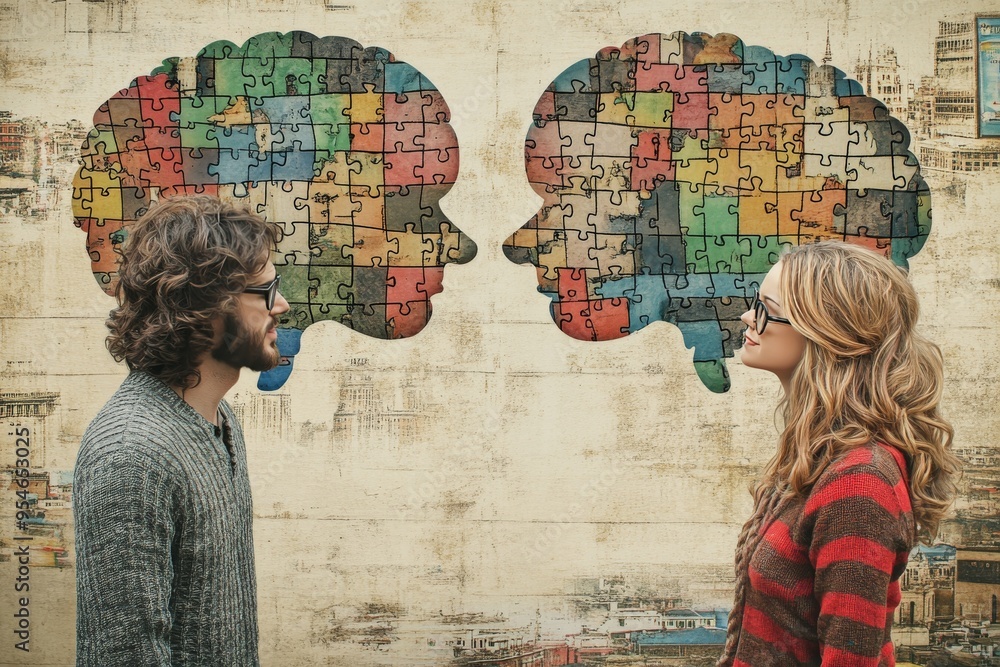 Poster memory processing reactive creative concept illustration depicting two individuals communicating thr
