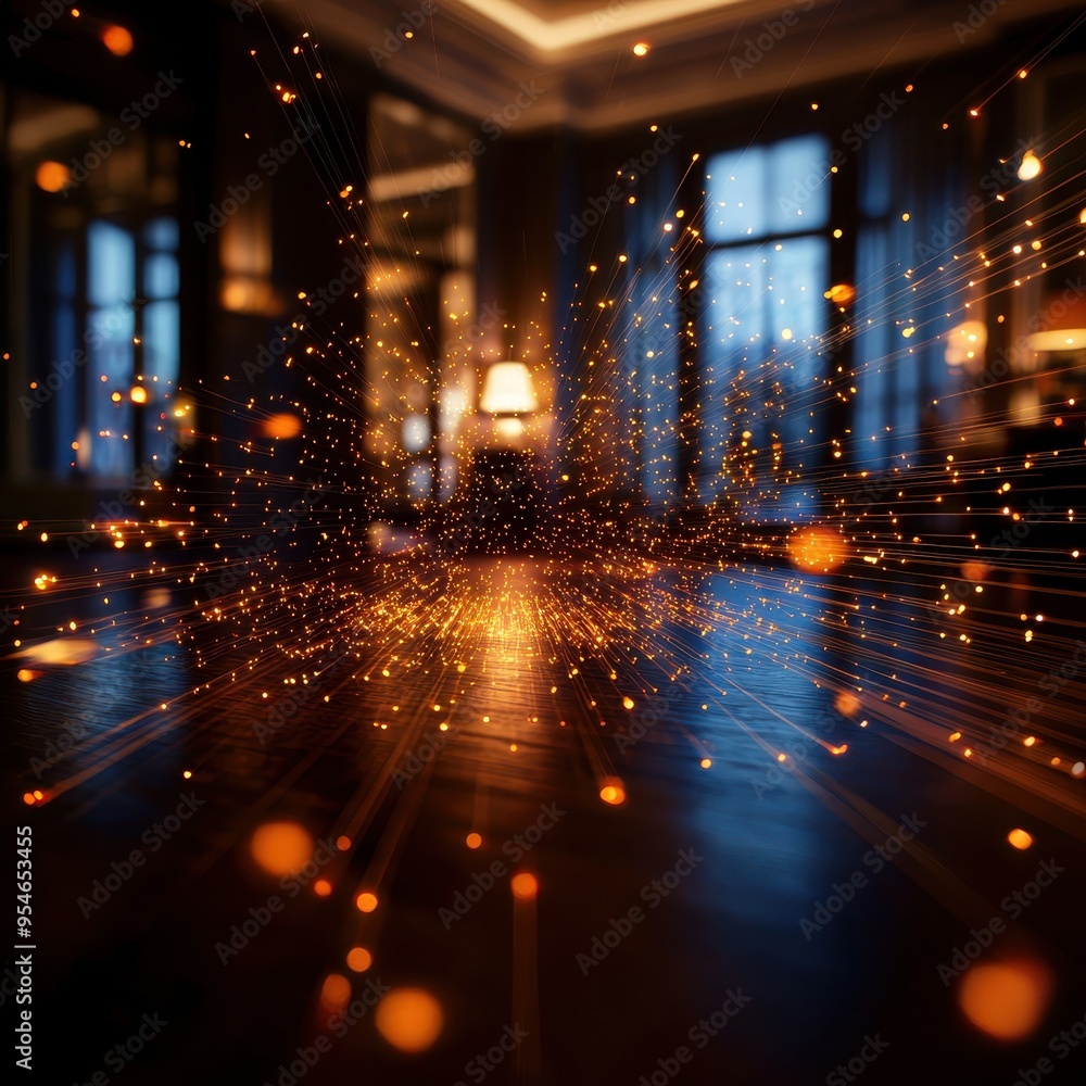 Poster dynamic visual of glowing particles creating energy in an elegant indoor setting, evoking movement a