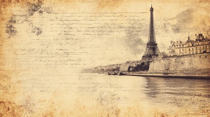 Vintage view of the Eiffel Tower with river reflections, showcasing Parisian elegance and history.