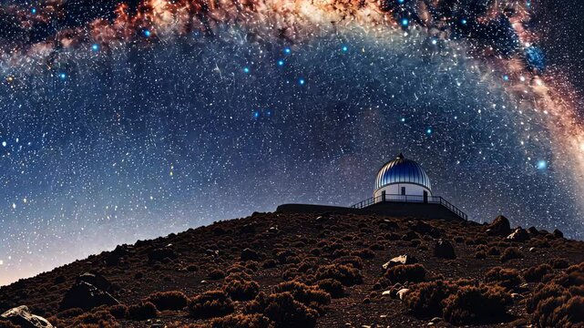 Observatory under the milky way galaxy at night, celestial exploration concept