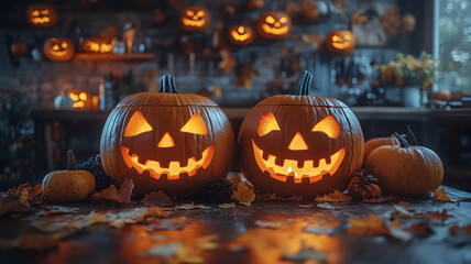 Fototapeta premium Stylish Happy Halloween background. Spooky creatures, carved pumpkin heads, bats, candles and typical Halloween elements. For invitation cards, wallpaper, poster, banner, backdrop etc.